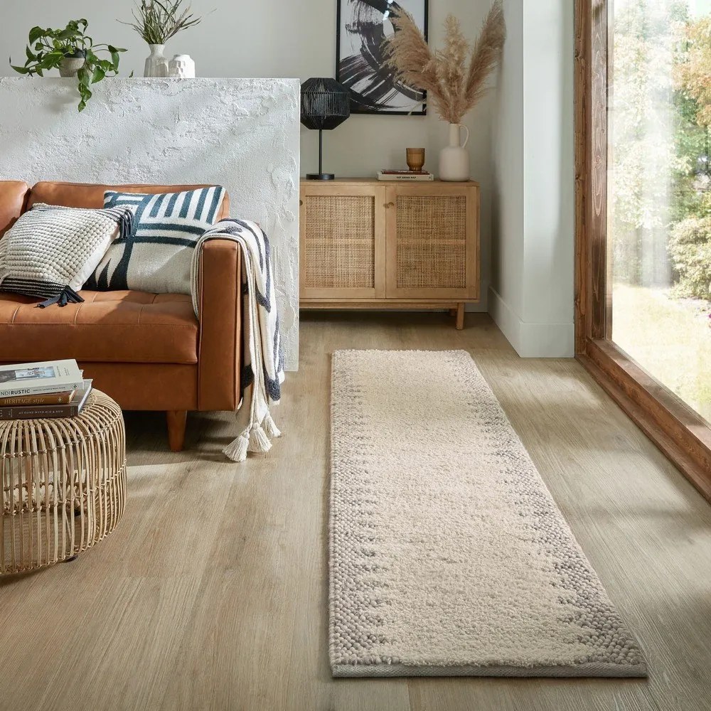 Кремава ръчно изработена пътека със смес от вълна 60x230 cm Minerals Border – Flair Rugs