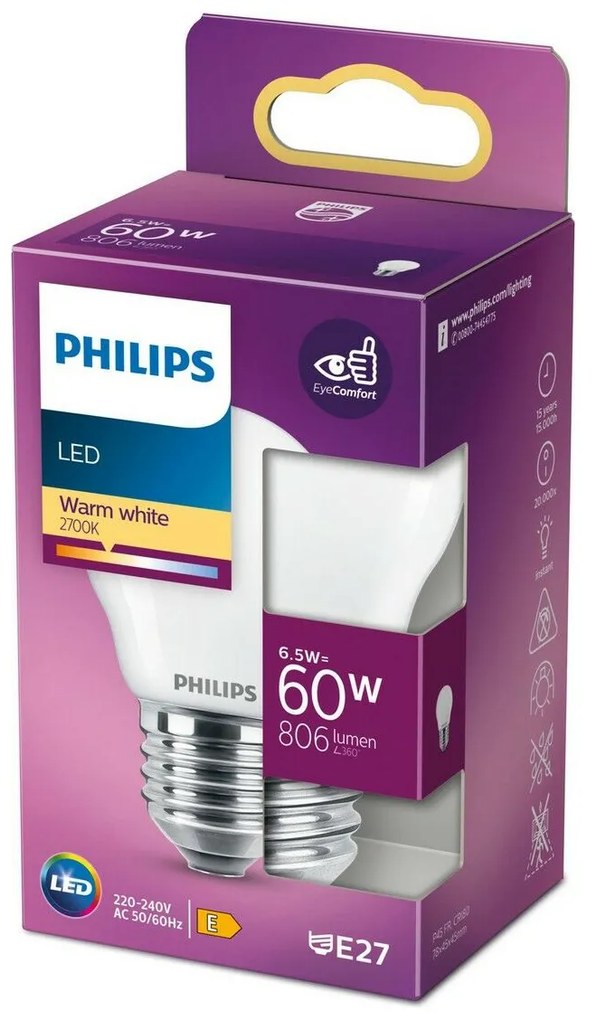 LED крушка Philips 8718699762858 E27 6,5 W 806 lm (4,5 x 7,8 cm) (2700 K)