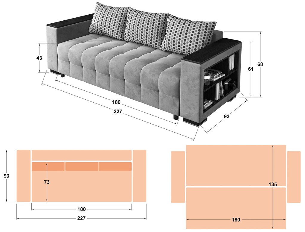 Разтегателно канапе с подлакътник етажерка Мелвин