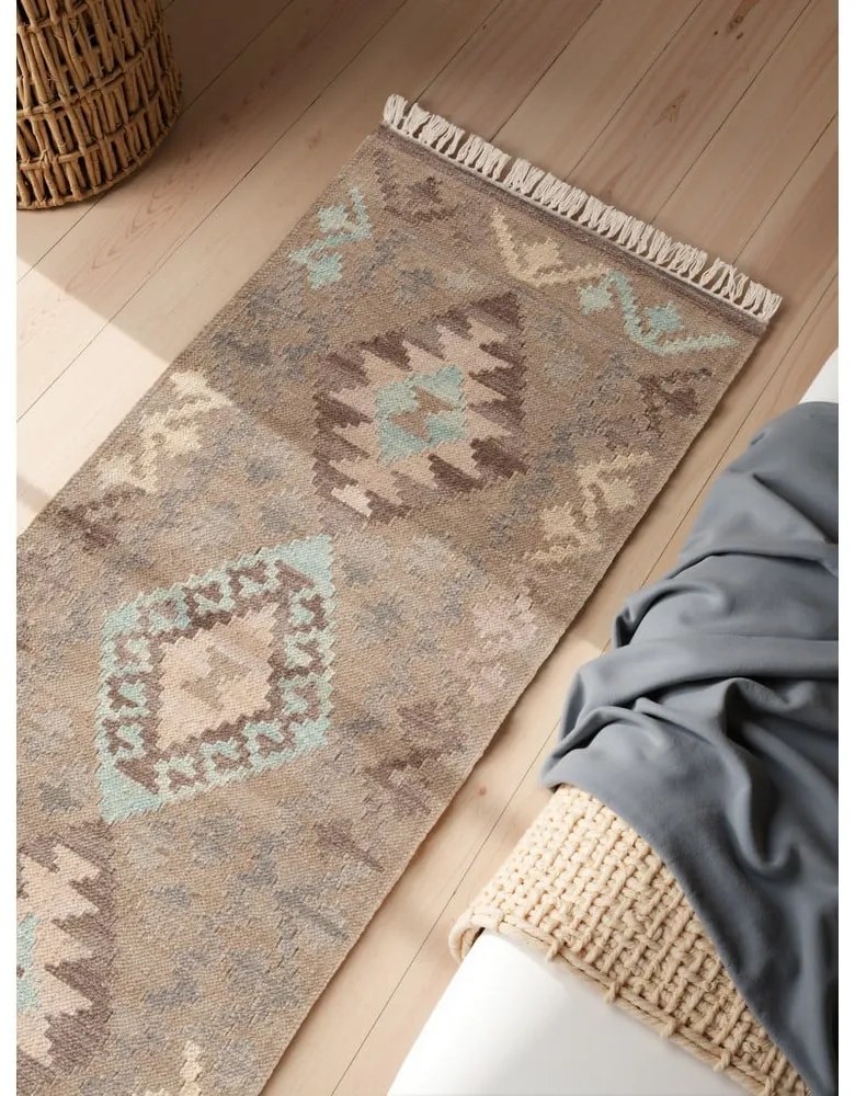 Светлосиня и бежова двустранна ръчно изработена вълнена пътека 60x190 cm Kamal Dune – Nouristan