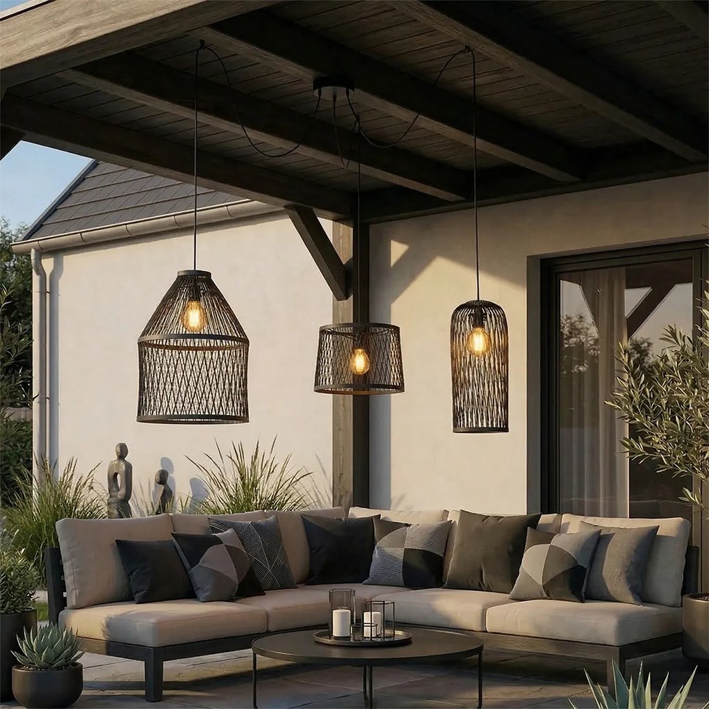 Рустикално висящо външно осветително тяло черно ратан 3-светлина - Calamus