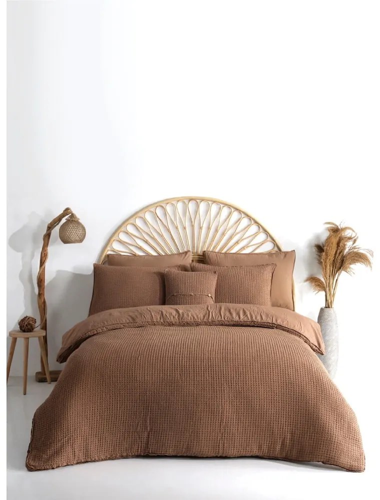 Кафяво двойно удължено спално бельо от памук Renforcé 240x220 cm Waffle Striped – Mila Home Luxury