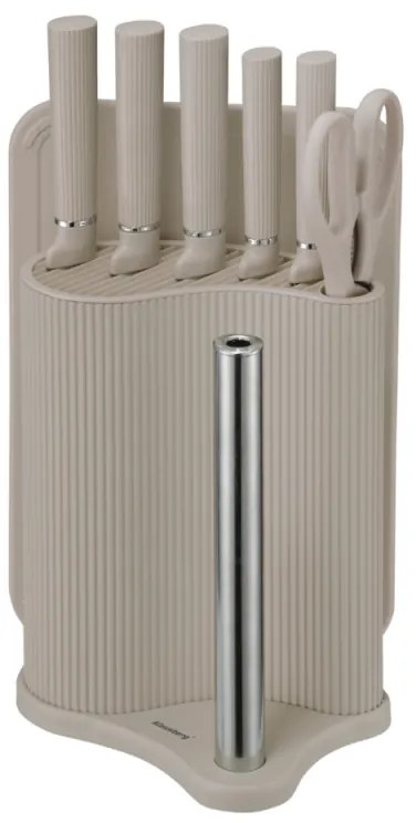 Комплект ножове Klausberg KB 7978, 8 части, Неръждаема стомана, Стойка, Държач за кухненска хартия, Бежов