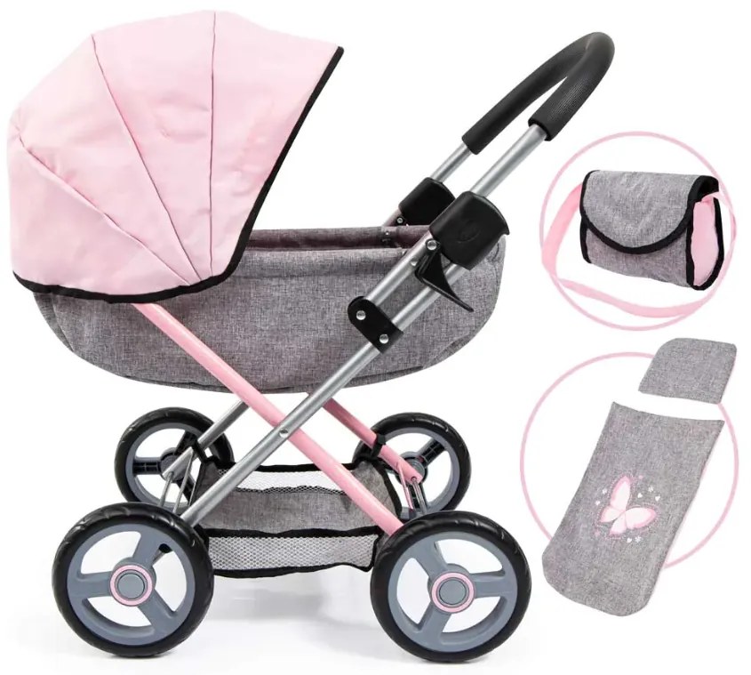 Количка за кукли COSY с чанта, одеяло и възглавница сиво/розова 12733AA
