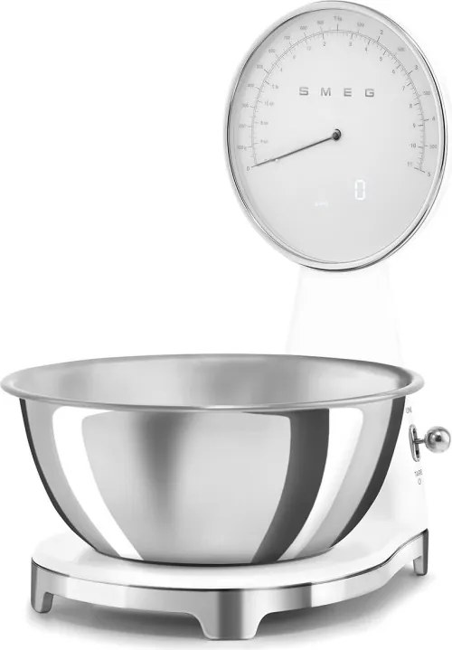 Кухненска везна Smeg KSF01WHWW, Аналогов и дигитален дисплей, До 5 кг/5 л, ТАРА, LED дисплей, Противоплъзгаща се основа, Автономия до 36 часа, Бял мат