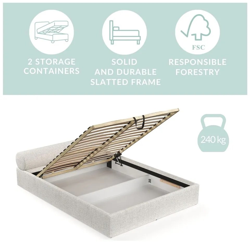 Кремаво двойно легло 180x200 cm тапицирано с място за съхранение с включена подматрачна рамка Solvo – Maison de Rêve