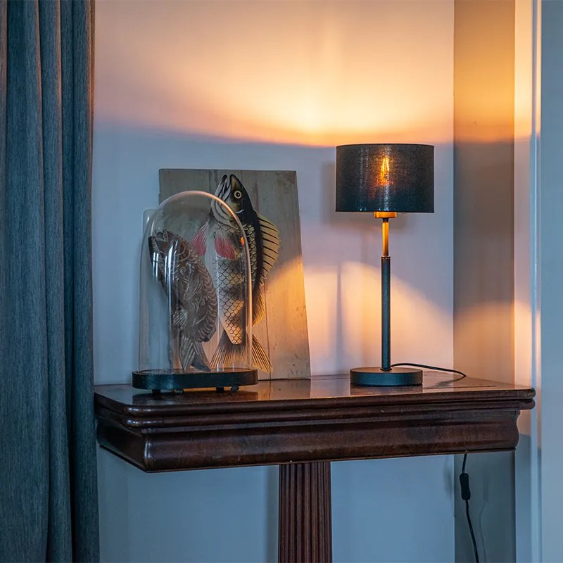 Модерна настолна лампа с текстилен абажур черен със злато - VT 1