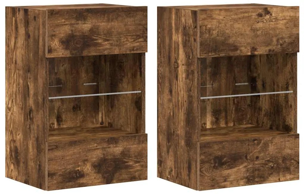 837087 vidaXL Стенни шкафове с LED светлини за телевизор, 2 бр, опушен дъб, 40x30x60,5 см