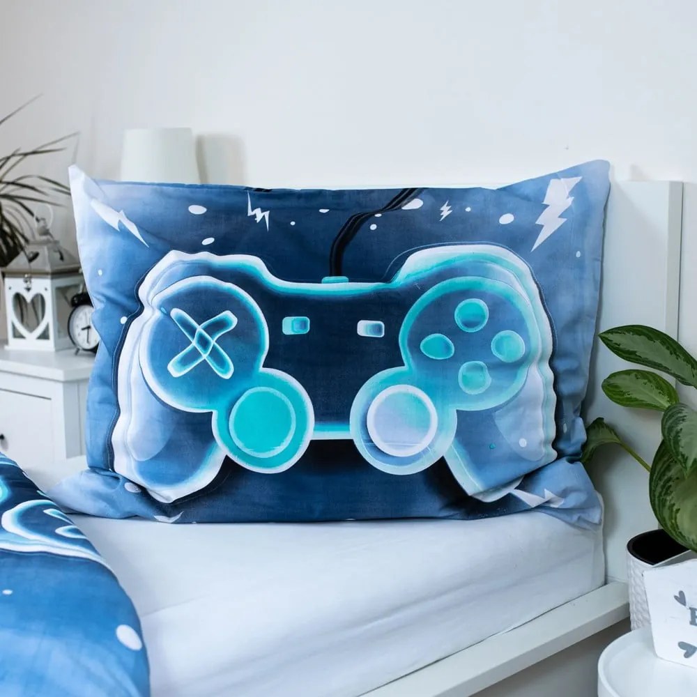 Единично памучно детско спално бельо в бял и син цвят 140x200 cm Game over – Jerry Fabrics