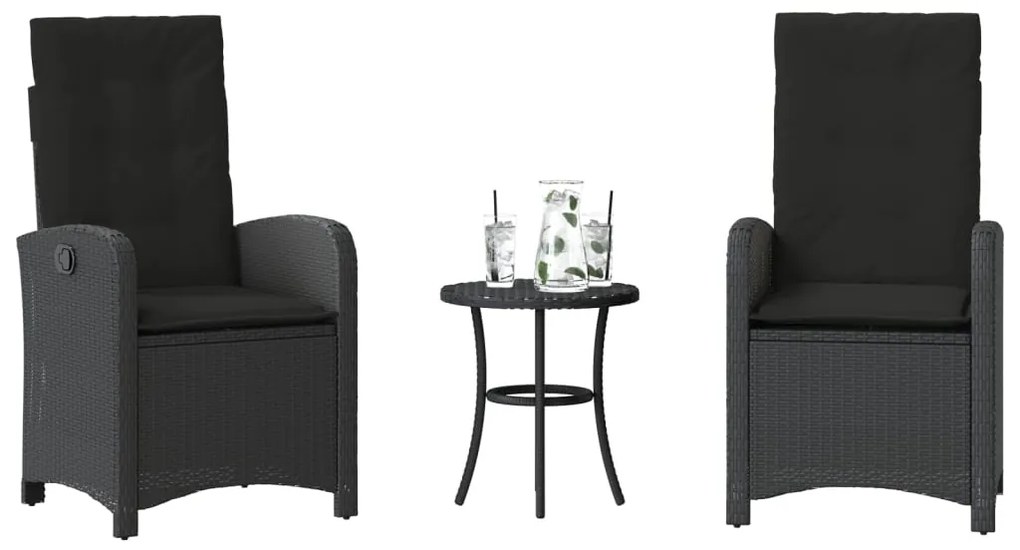 365177 vidaXL Бистро комплект с възглавници 3 части черен полиратан