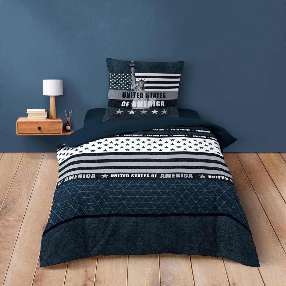 Тъмносиньо единично памучно спално бельо 140x200 cm States – douceur d'intérieur