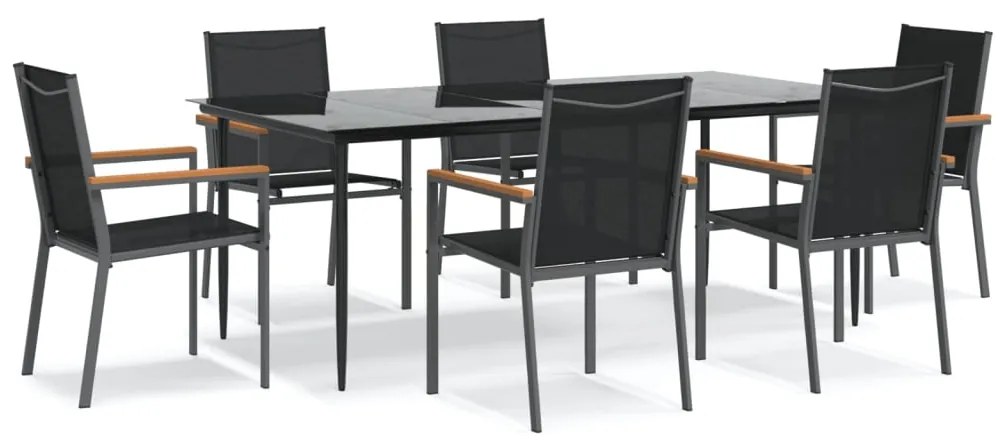 3187039 vidaXL Градински трапезен комплект 7 части черен текстилен и стомана