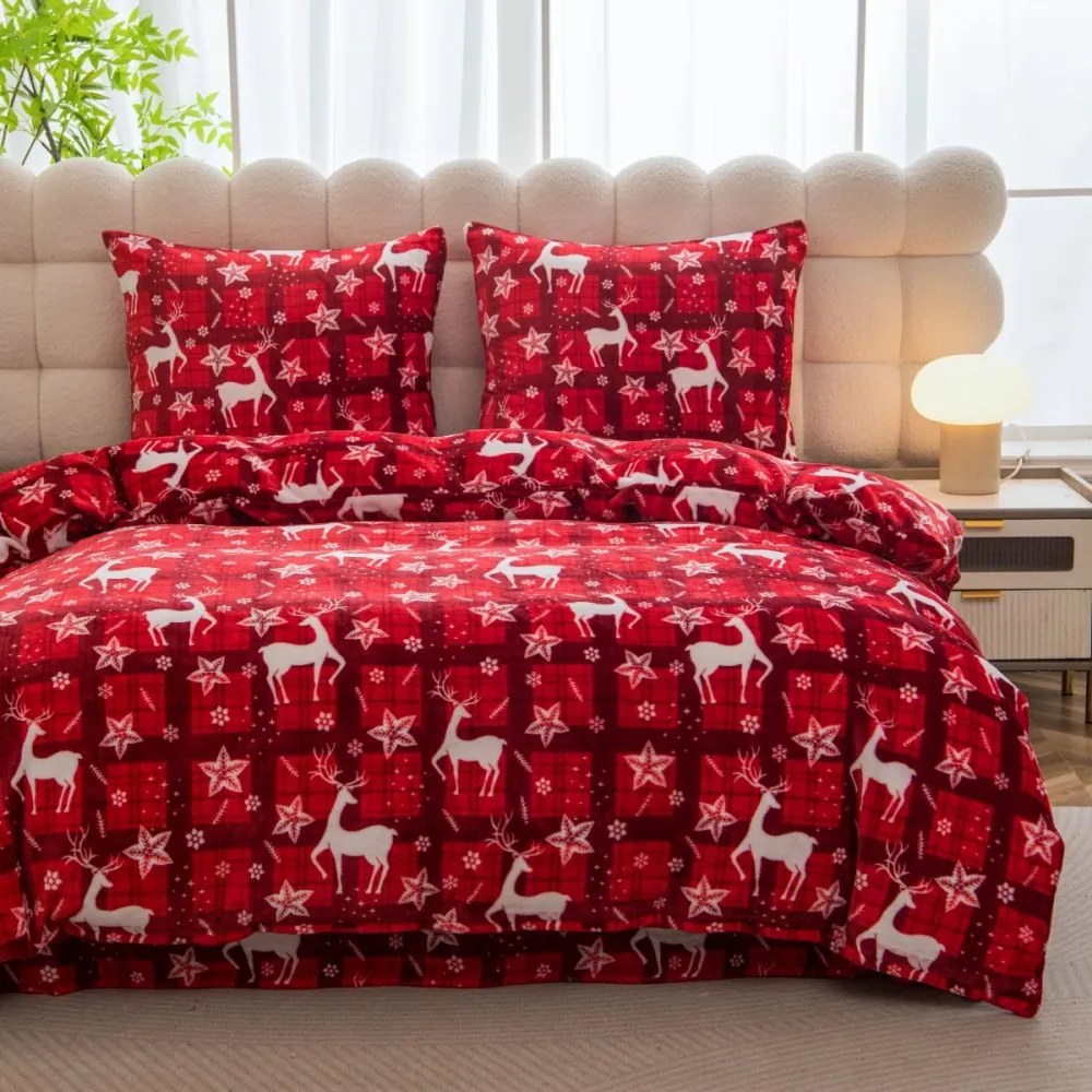 Топли коледни чаршафи от микроплюш - червени с мотив на елен 4 časti: 1ks 200x220 + 2ks 70x80 + plachta