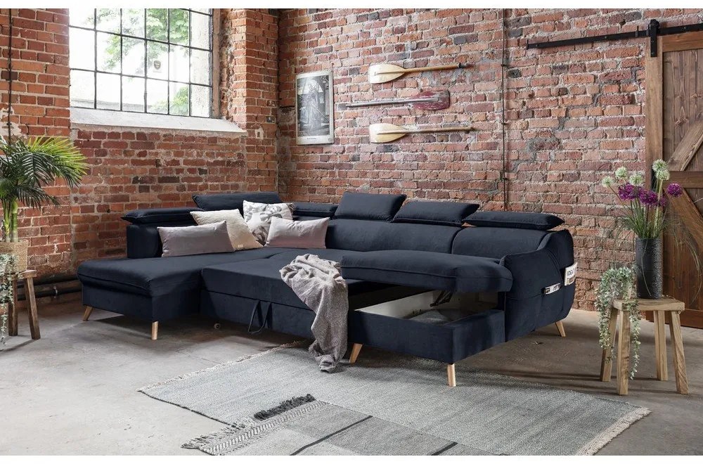 Тъмносин кадифен U-образен ъглов диван (ляв ъгъл) Sweet Harmony - Miuform