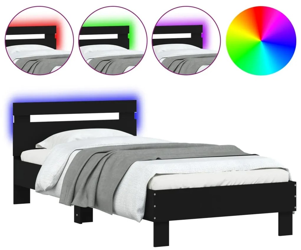 838751 vidaXL Рамка за легло с горна табла и LED осветление, черна, 75x190 см