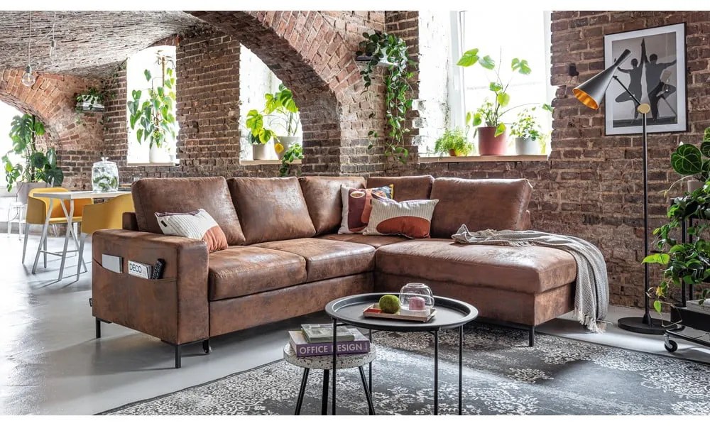 Кафяв разтегателен ъглов диван от изкуствена кожа (десен ъгъл) Lofty Lilly – Miuform