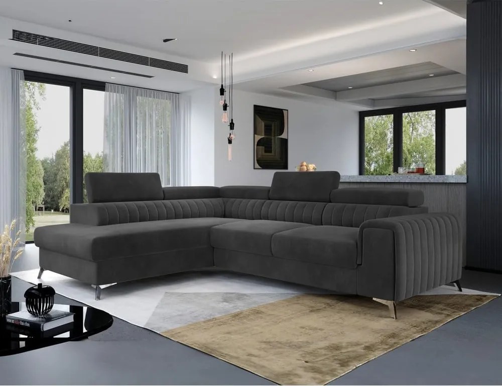 Тъмносив кадифен разтегателен ъглов диван с място за съхранение (ляв ъгъл L форма) Laurence – ELTAP
