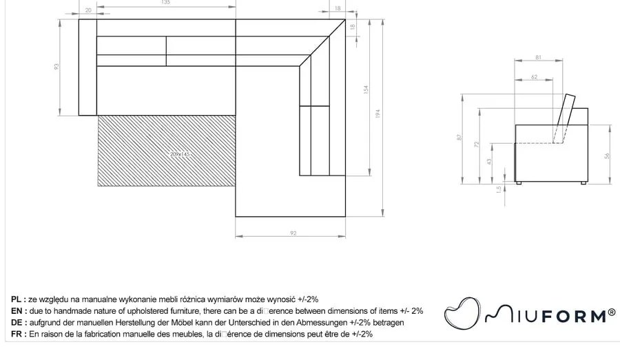 Бял разтегателен ъглов диван от рипсено кадифе (десен ъгъл) Brave Dave – Miuform