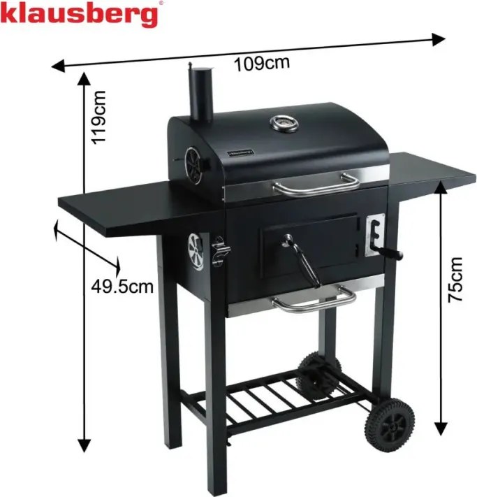Барбекю на дървени въглища Klausberg KB 9034, Комин, Регулируема вентилация, Чекмедже за пепел, Термометър, Колелца, Стомана, Черен