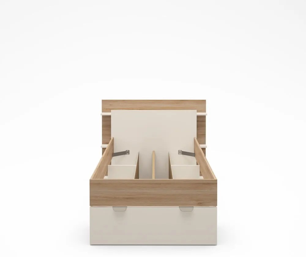 Бяло-естествено единично легло 90x200 cm от декор от дъб с място за съхранение без ламелно дъно Albo – Marckeric