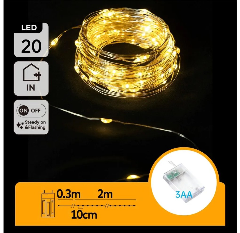Aigostar LED коледен гирлянд 20xLED, 3xAA, 2,3м, топла бяла светлина
