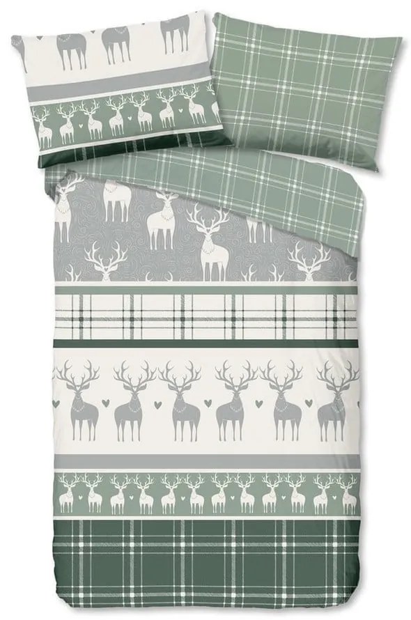 Зелено-кремаво единично фланелено спално бельо 140x200 cm Bjirk – Good Morning