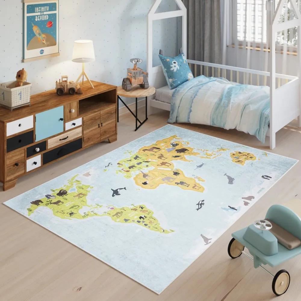 Детски килим с карта на света и животни Ширина: 140 см | Дължина: 200 см