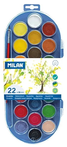 Milan Акварелни бои, 30 mm, 22 цвята, с включена четка