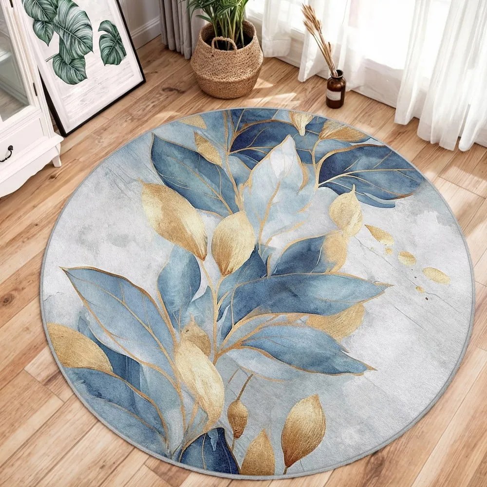 Синьо-златист кръгъл килим подходящ за пране ø 150 cm Golden Leaves – Mila Home
