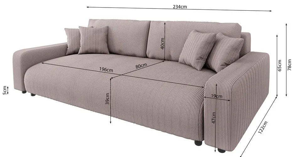 Светлорозов разтегателен диван с място за съхранение от рипсено кадифе 234 cm Sara – Ropez