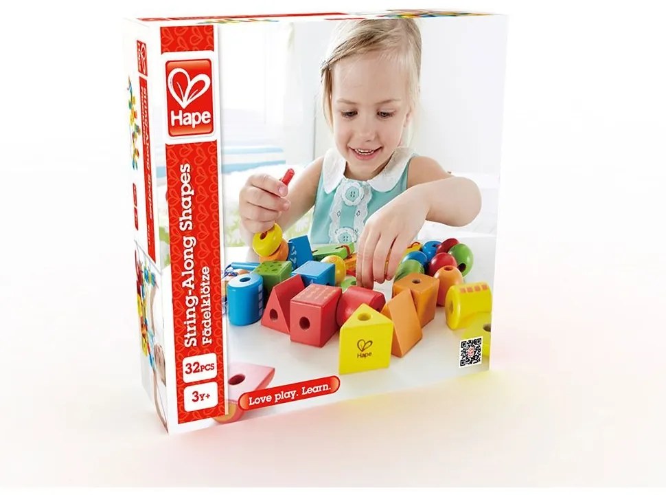 Hape - Дървени разноцветни кубчета и форми за нанизване