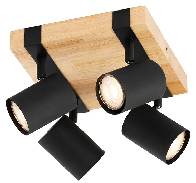 Таванна лампа черна с дърво 4-светлина регулируема правоъгълна - Jeana