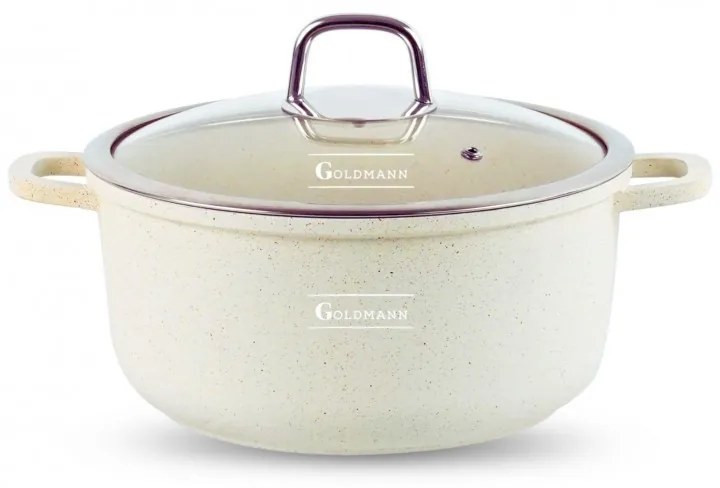 Тенджера Goldmann GM-0328B, 6.5 л, 28 см, Мраморно покритие, Стъклен капак с отвор за пара, Индукция, Бежов