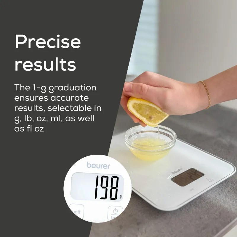 Кухненска везна Beurer KS 19 Pure White, До 5 кг, ТАРА, Сензорно управление, LCD, Стъкло, Ултратънка, Бял