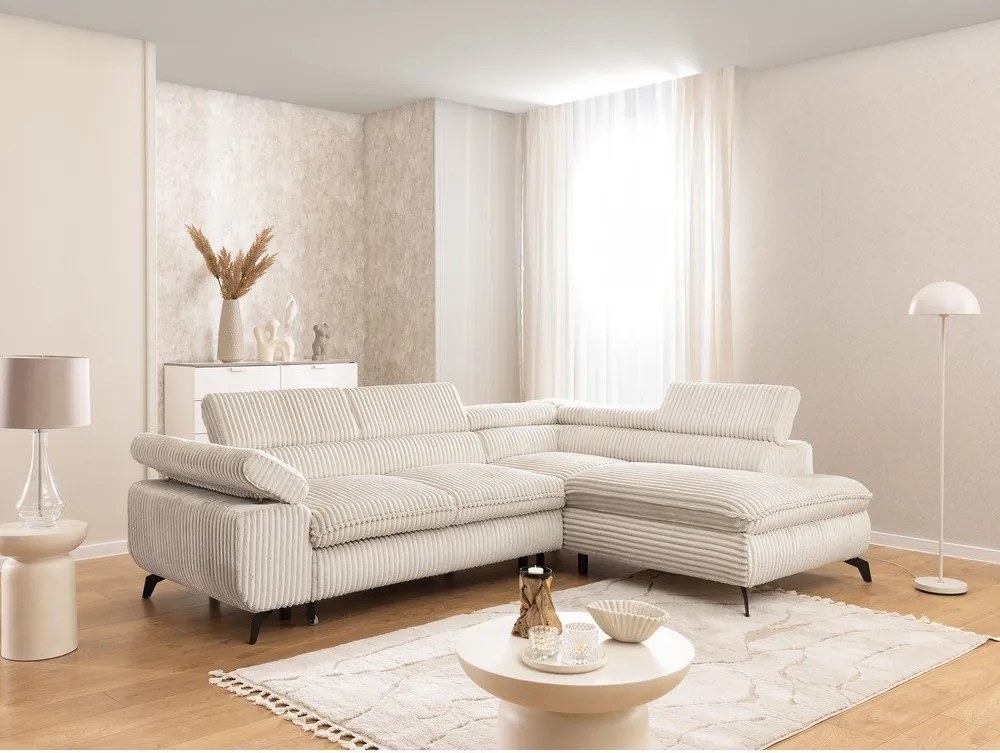 Кремав ъглов диван от рипсено кадифе (десен ъгъл L форма) Marbeya – Ropez