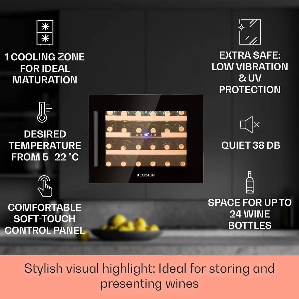 Klarstein Vinsider 24 Onyx Edition, охладител за вино за вграждане, клас на енергийна ефектвност G
