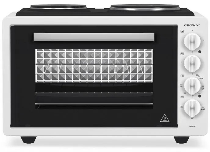 Малка готварска печка Crown CMO-433W, 42 л, 1300 W, Два котлона, 3 функции, Емайл, Бял