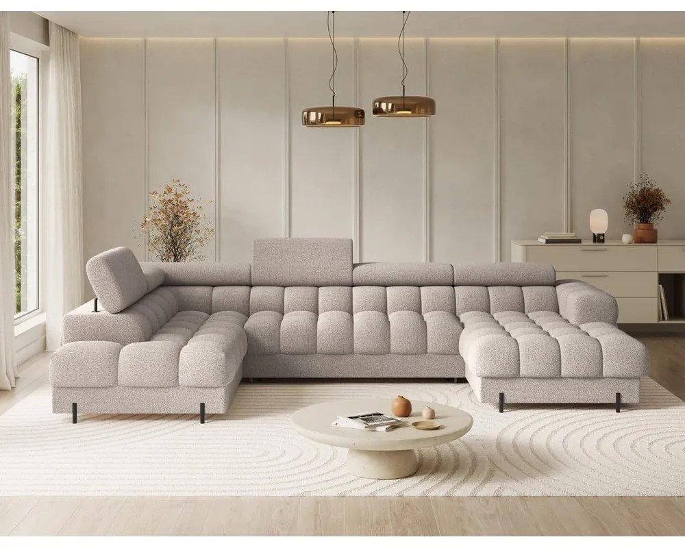 Бежов разтегателен ъглов диван от букле (ляв ъгъл U форма) Feraria – ELTAP