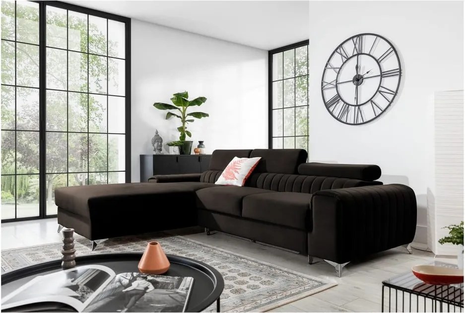 Тъмнокафяв кадифен разтегателен ъглов диван с място за съхранение (ляв ъгъл) Grayson – ELTAP