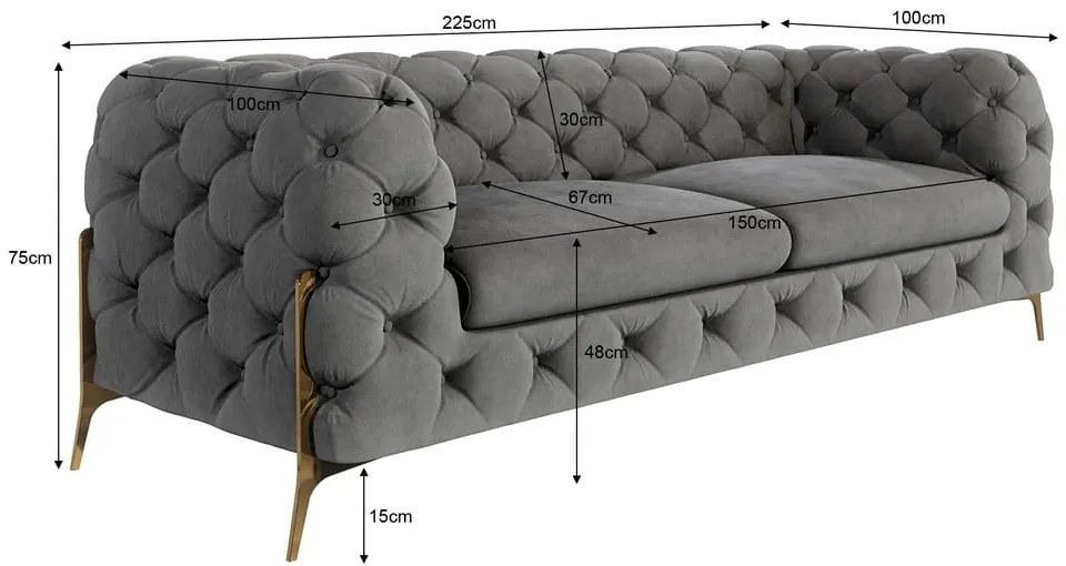 Сив кадифен диван 225 cm Chelsea Bis – Ropez