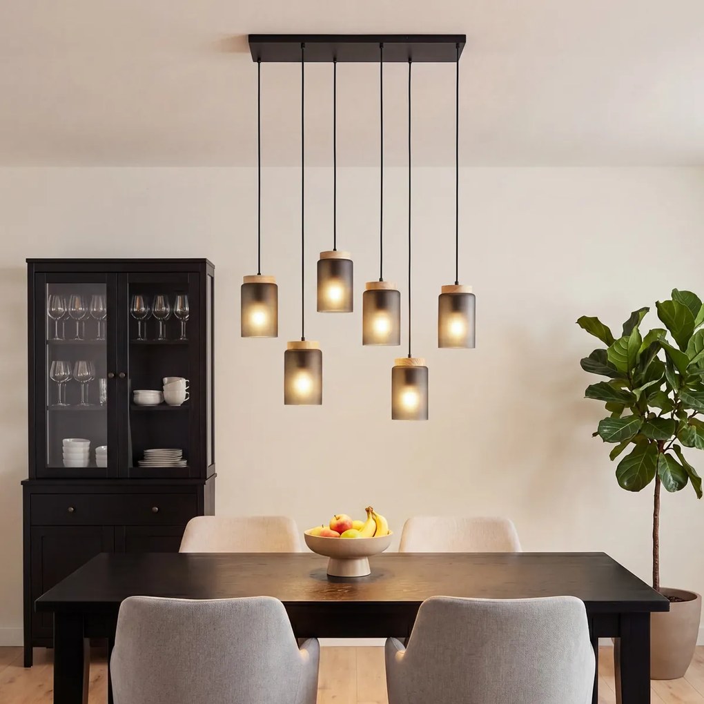 Модерен висящ лампион черен с дърво и матово сиво стъкло 6-лампи - Umbra