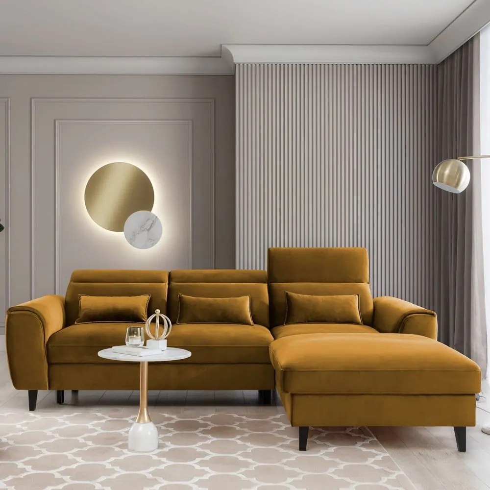 Жълт кадифен разтегателен ъглов диван с място за съхранение (десен ъгъл) Foble – ELTAP