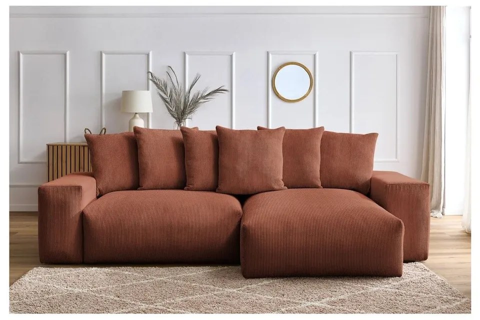 Теракотен сгъваем/с място за съхранение ъглов диван от рипсено кадифе Voltaire – Bobochic Paris