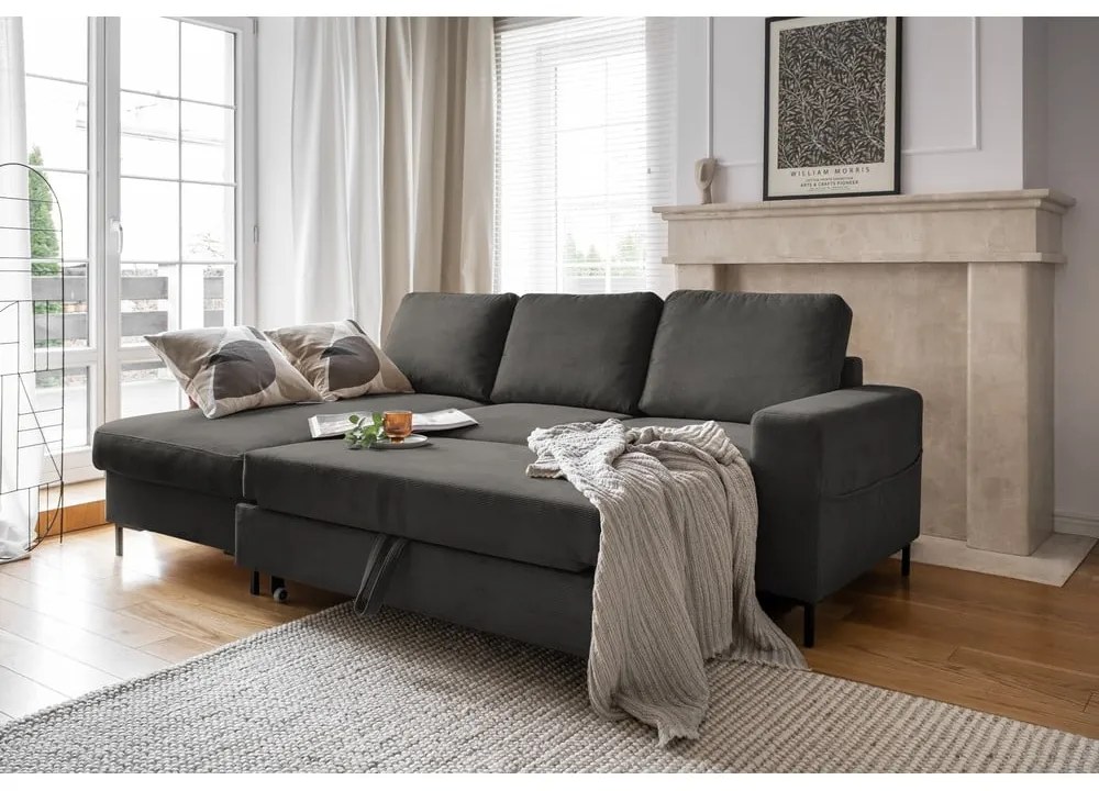 Тъмносив разтегателен ъглов диван от рипсено кадифе (ляв ъгъл) Lofty Lilly – Miuform