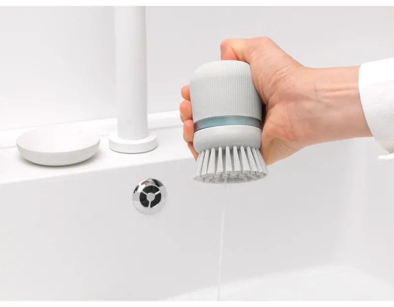 Дозатор за течен сапун с четка за миене на съдове Brabantia Sinkside 1003318, 100 мл, Полиестерни четчици, Поставка, Светлосив