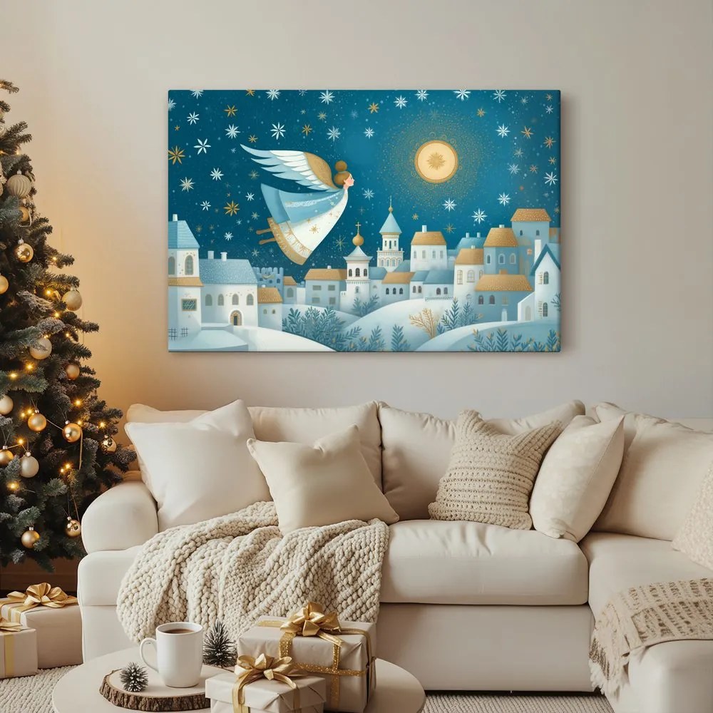Картина на платно Коледна – Ангел над зимното село
