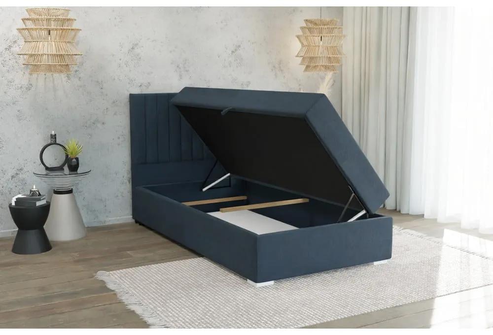 Тъмносиньо единично тапицирано легло с място за съхранение с включена подматрачна рамка 100x200 cm Bunny – Ropez