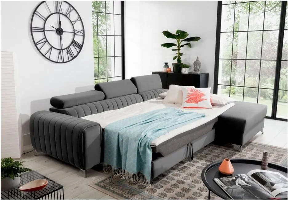 Тъмносив кадифен разтегателен ъглов диван с място за съхранение (десен ъгъл) Grayson – ELTAP