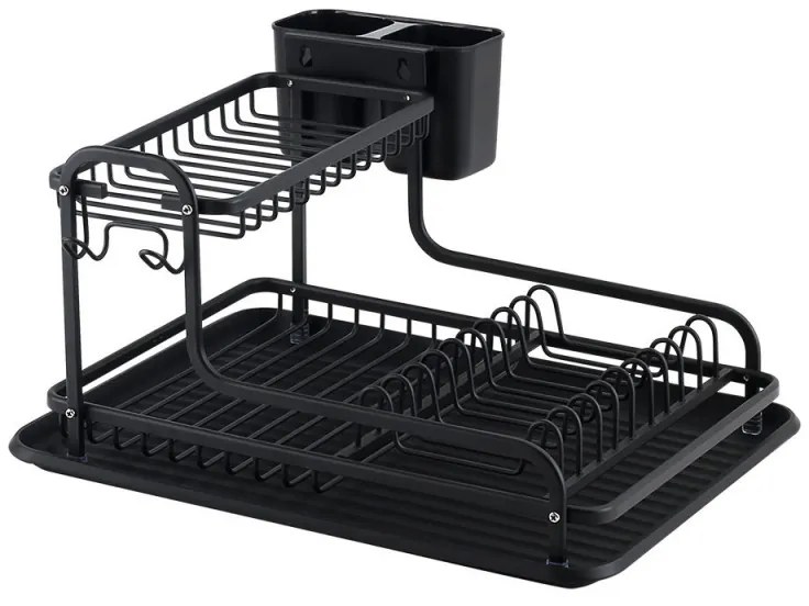 Сушилник за съдове Luigi Ferrero FR-4028AD, 43x38.5x22 см, 2 нива, Тава за отцеждане, Неплъзгащ се, Стойки, Черен