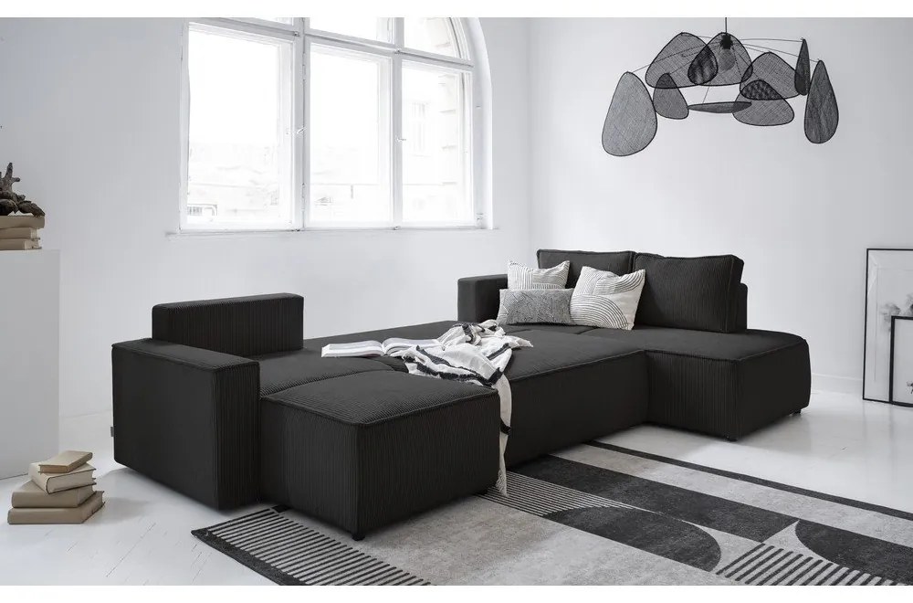 Антрацитен разтегателен ъглов диван от рипсено кадифе (десен ъгъл/"U" форма) Brave Dave – Miuform